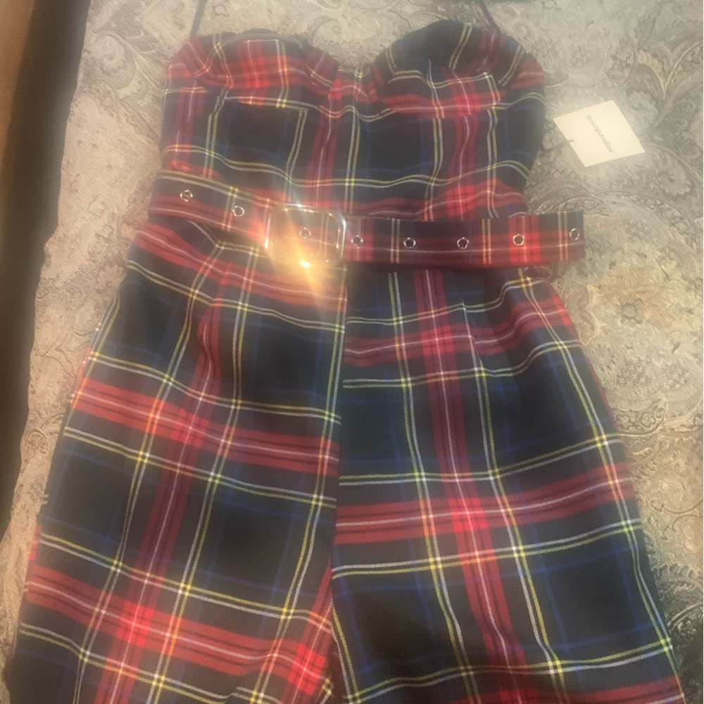 Strapless plaid jumpsuit with belt